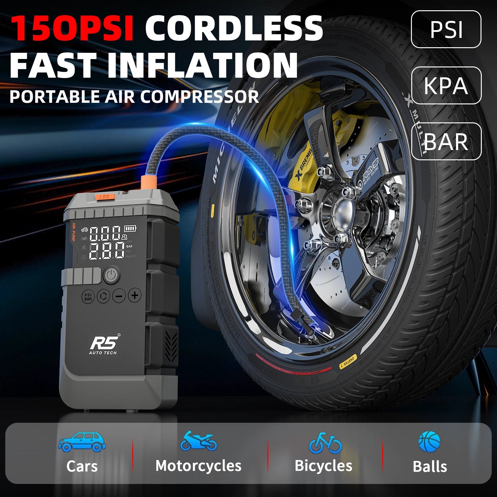 R5 Auto Tech 8000mAh Jump Starter with 150 PSI Air Compressor