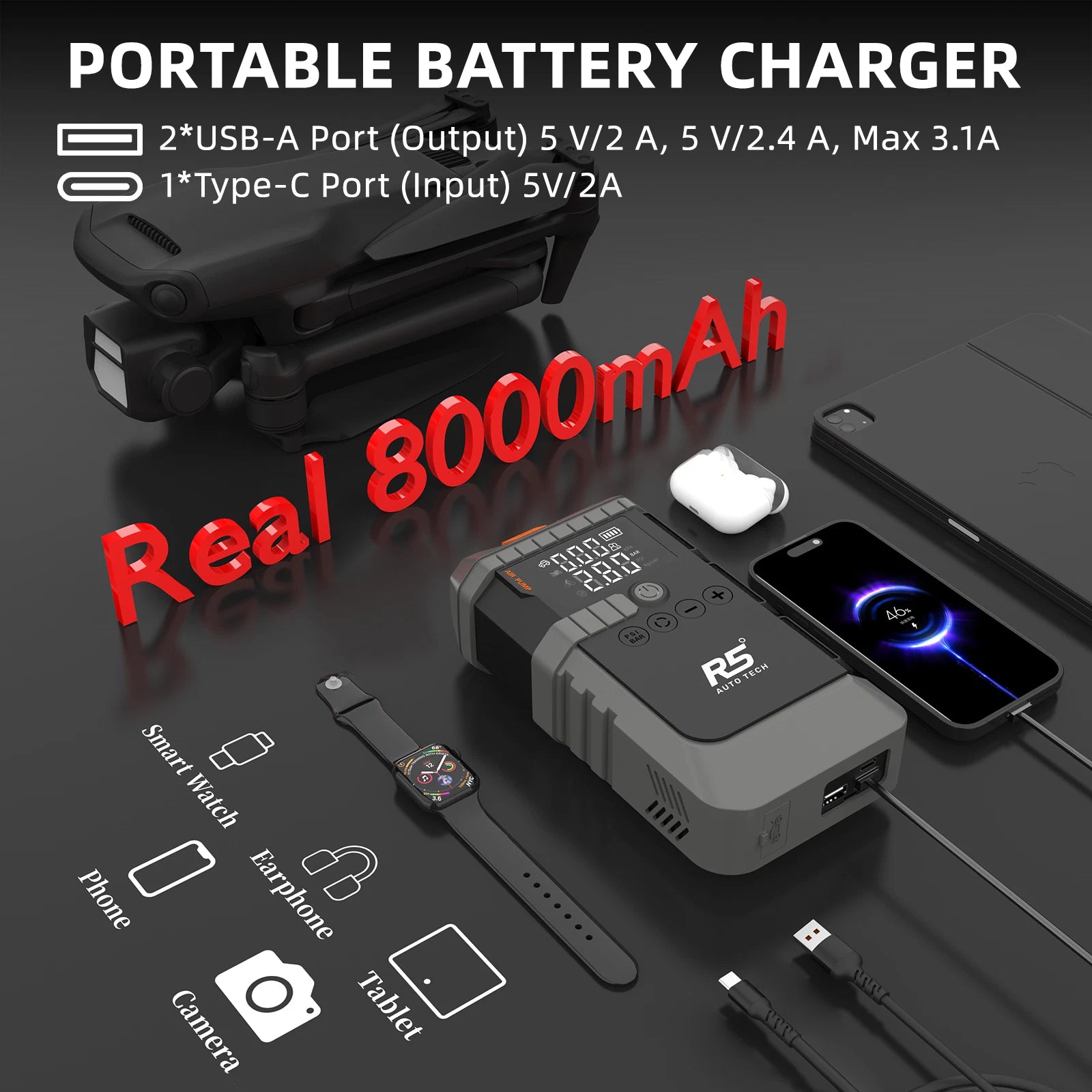R5 Auto Tech 8000mAh Jump Starter with 150 PSI Air Compressor