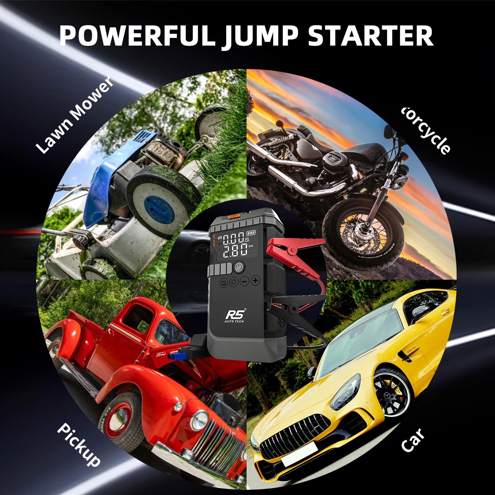 R5 Auto Tech 8000mAh Jump Starter with 150 PSI Air Compressor
