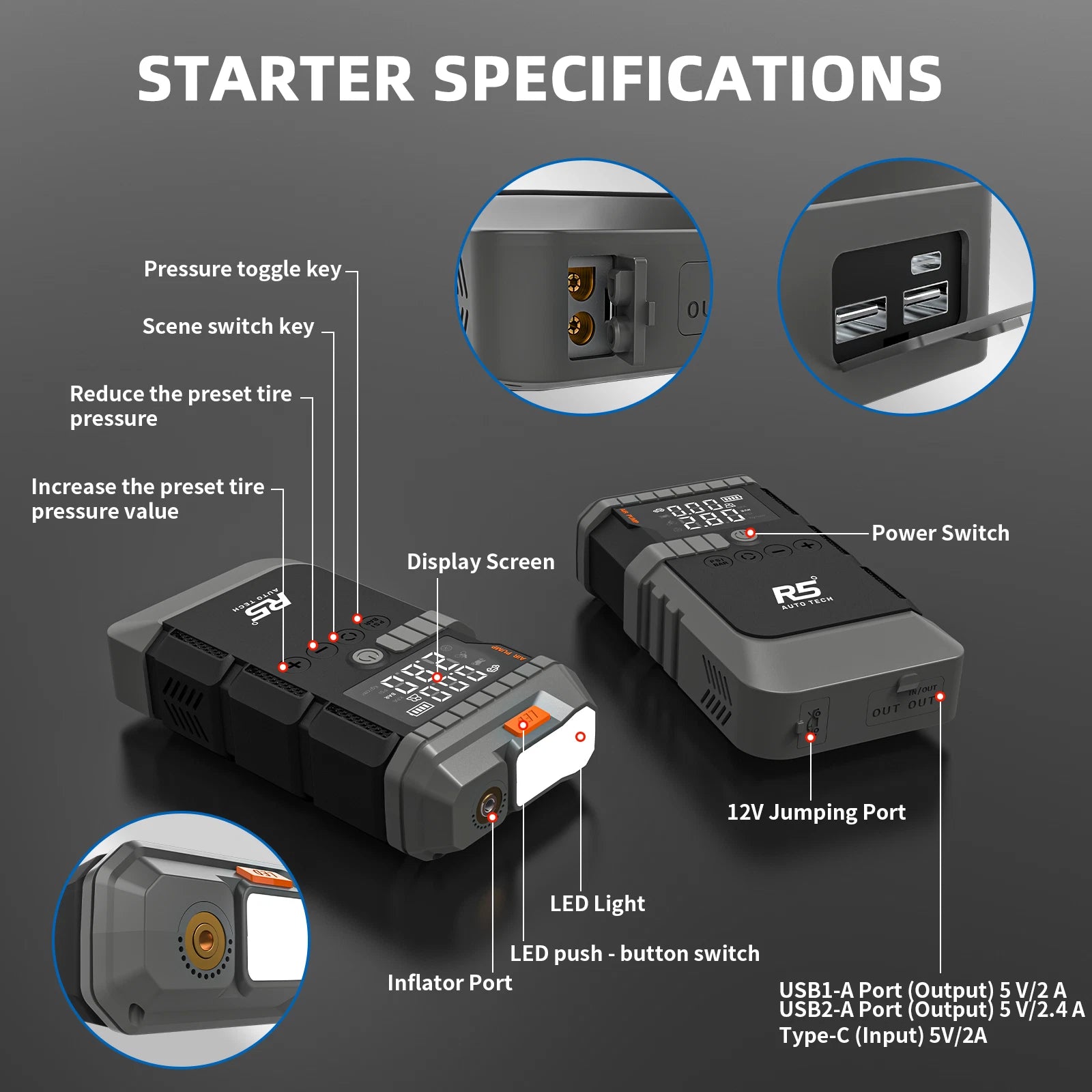 R5 Auto Tech 8000mAh Jump Starter with 150 PSI Air Compressor