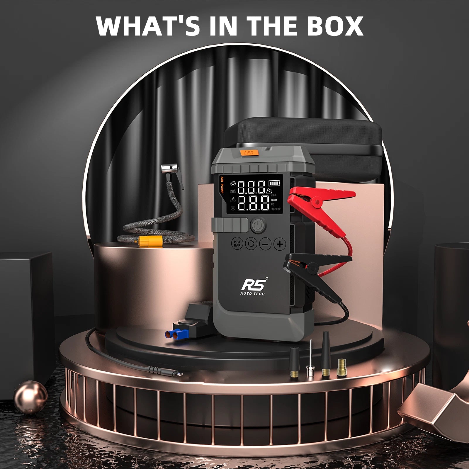 R5 Auto Tech 8000mAh Jump Starter with 150 PSI Air Compressor