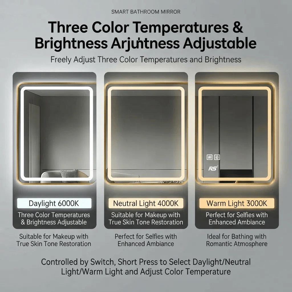 50x70cm LED Bathroom Mirror with Demister | Wall Mounted | 3 Colour Dimmable LED Light | Touch Sensor | IP44 Waterproof | Smart Vanity Mirror