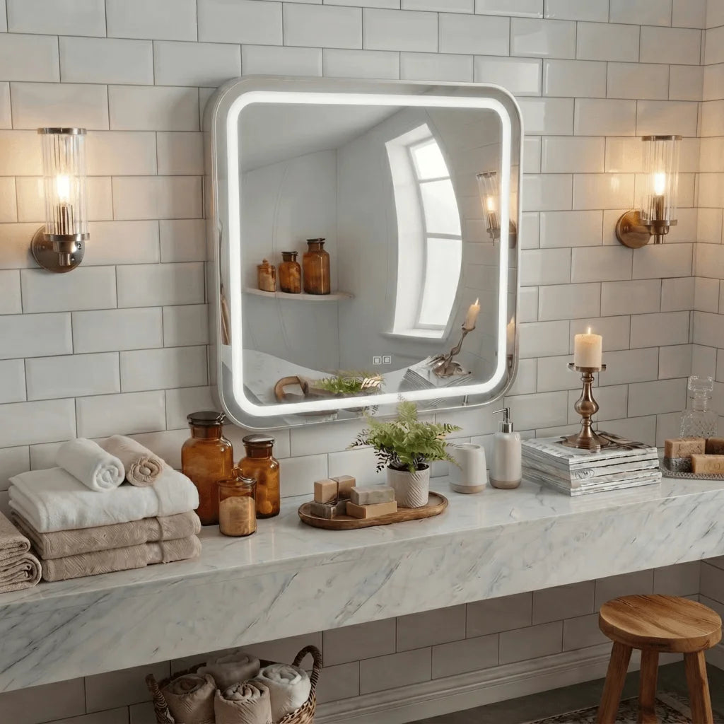 50x70cm LED Bathroom Mirror with Demister | Wall Mounted | 3 Colour Dimmable LED Light | Touch Sensor | IP44 Waterproof | Smart Vanity Mirror