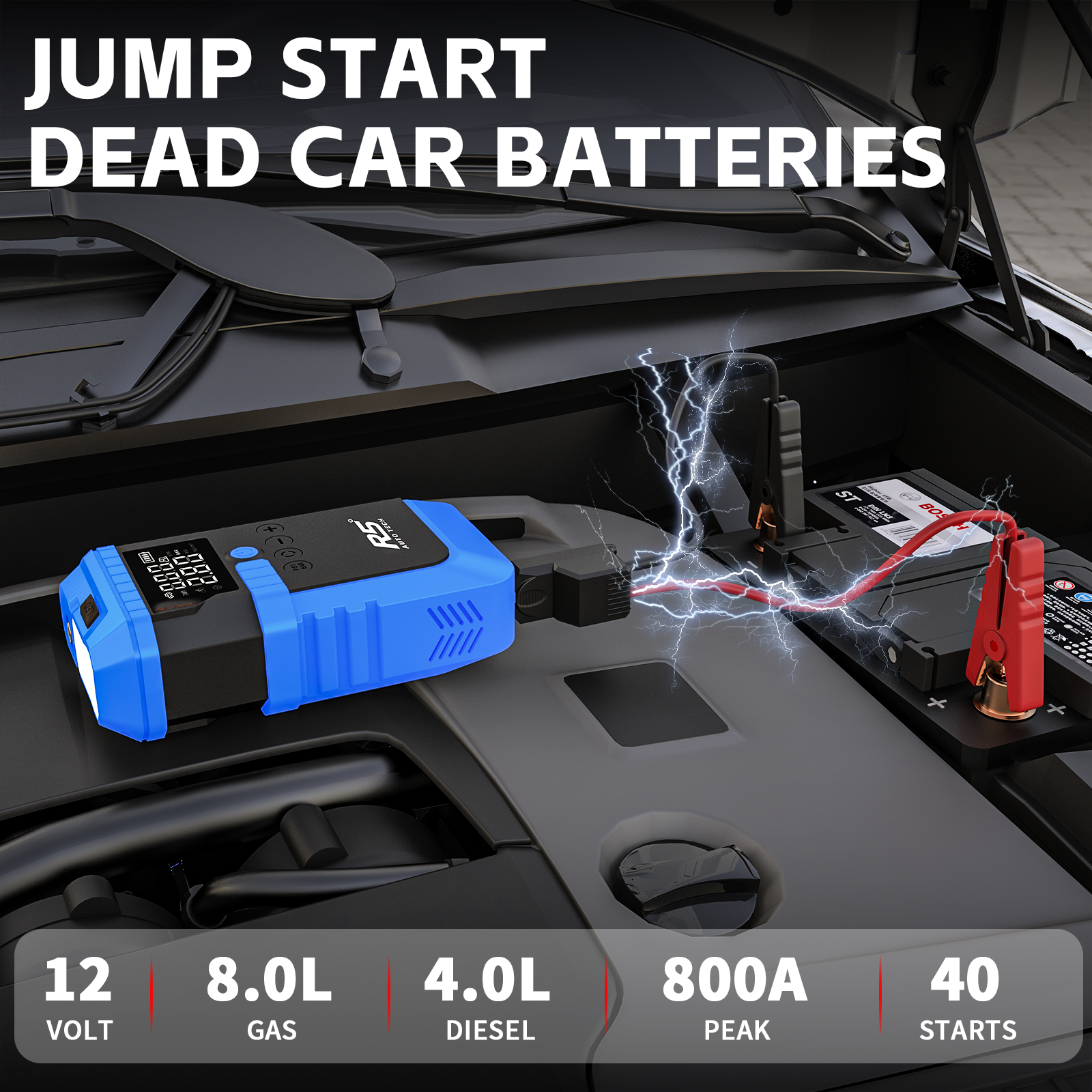 Car Jump Starter and Power Bank 8000mAh – 800A Peak, 4-in-1 with Air Compressor, Battery Booster. Blue