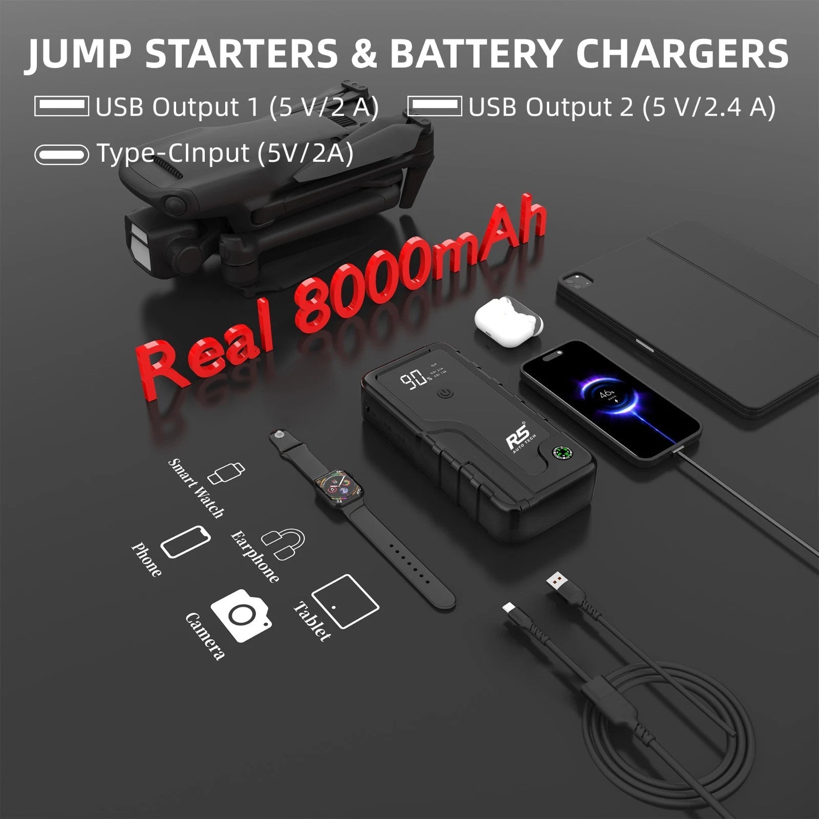 R5 Auto Tech 8000mAh Car Jump Starter – 6L Petrol & 4L Diesel