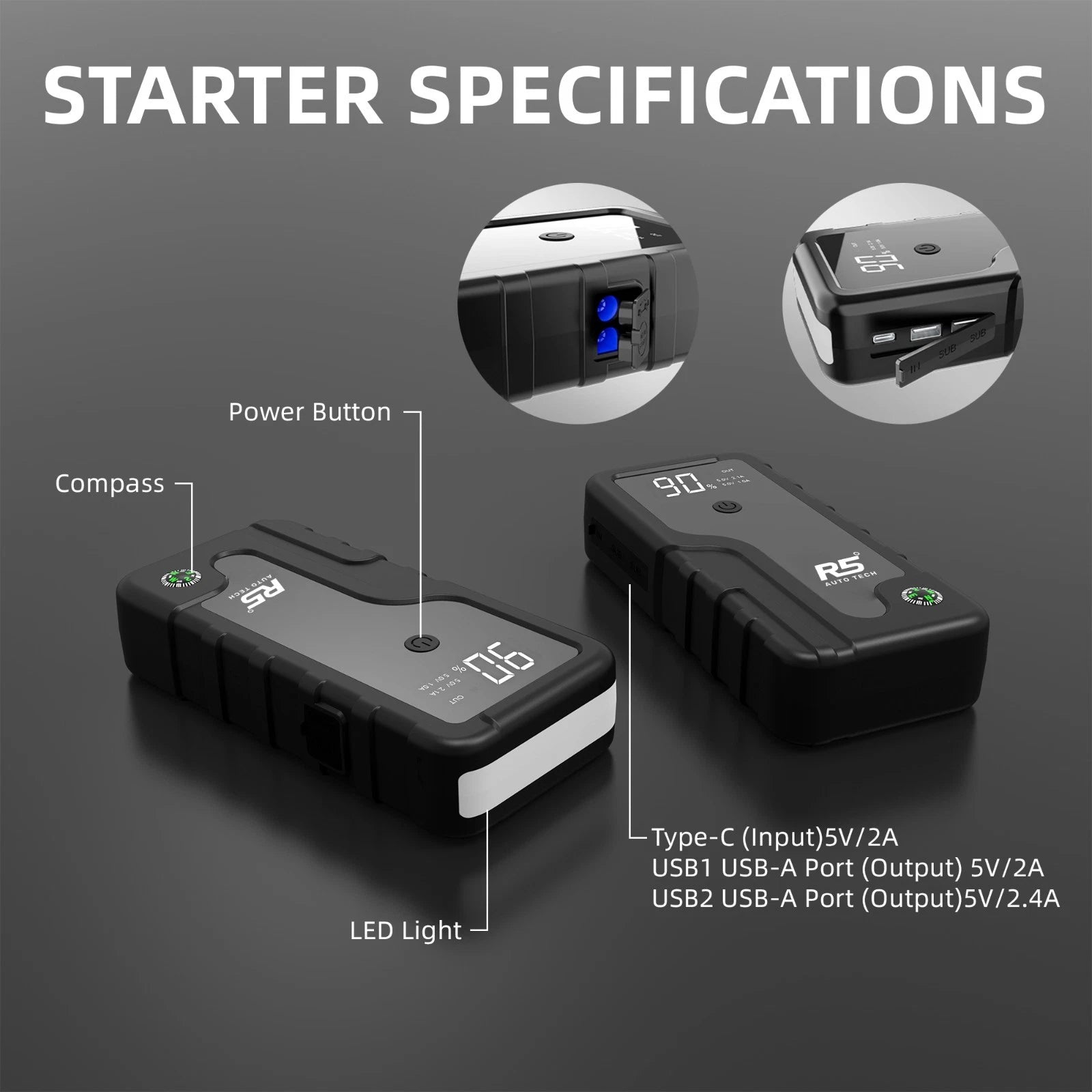 R5 Auto Tech 8000mAh Car Jump Starter – 6L Petrol & 4L Diesel