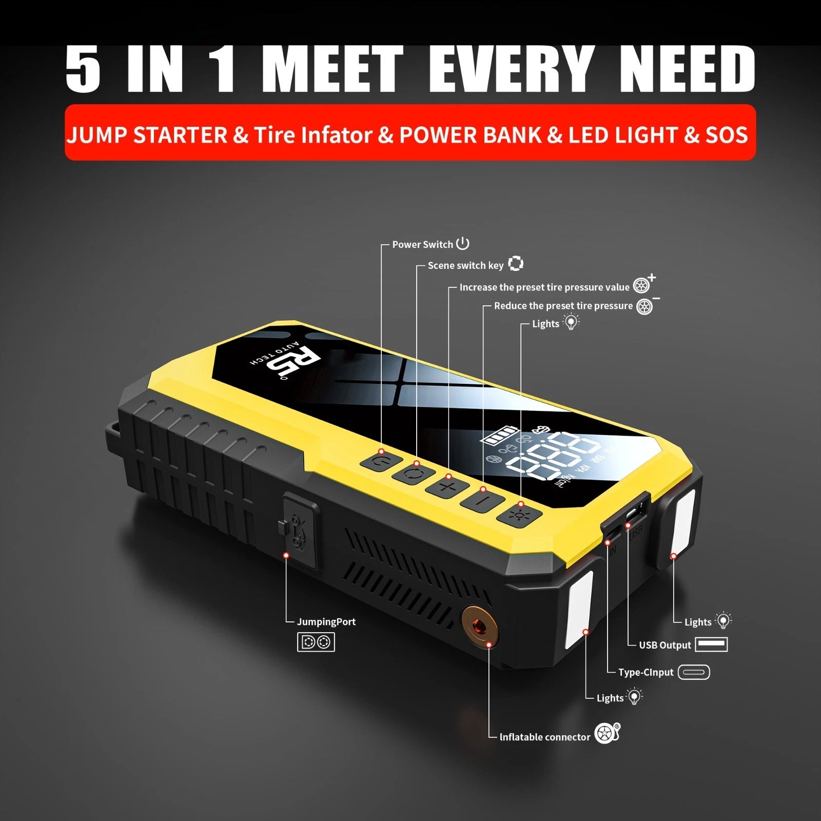 R5 Auto Tech 8000mAh Portable Tyre Inflator & Jump Starter