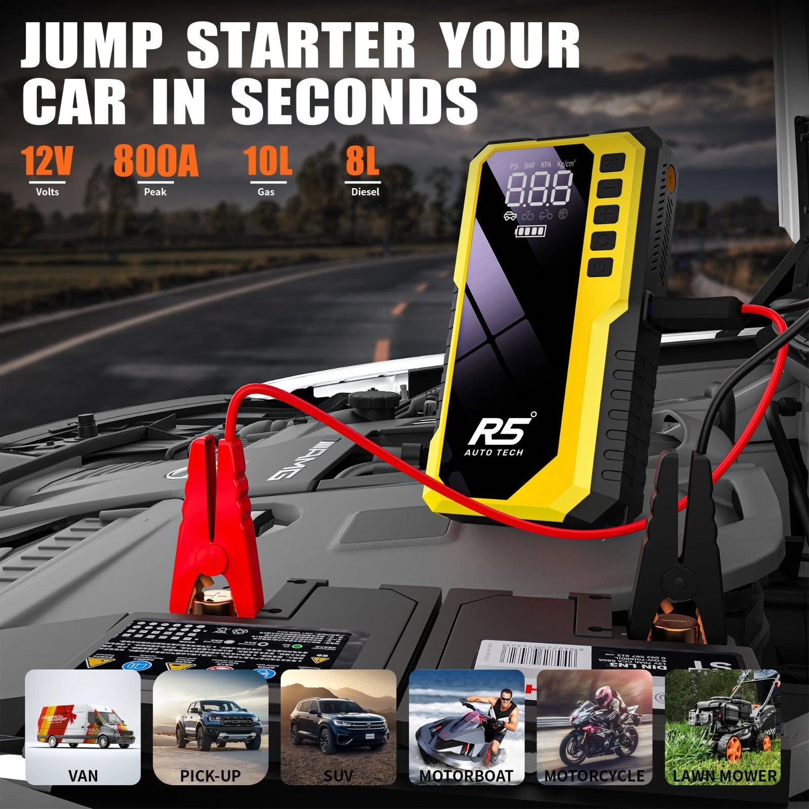 R5 Auto Tech 8000mAh Portable Tyre Inflator & Jump Starter